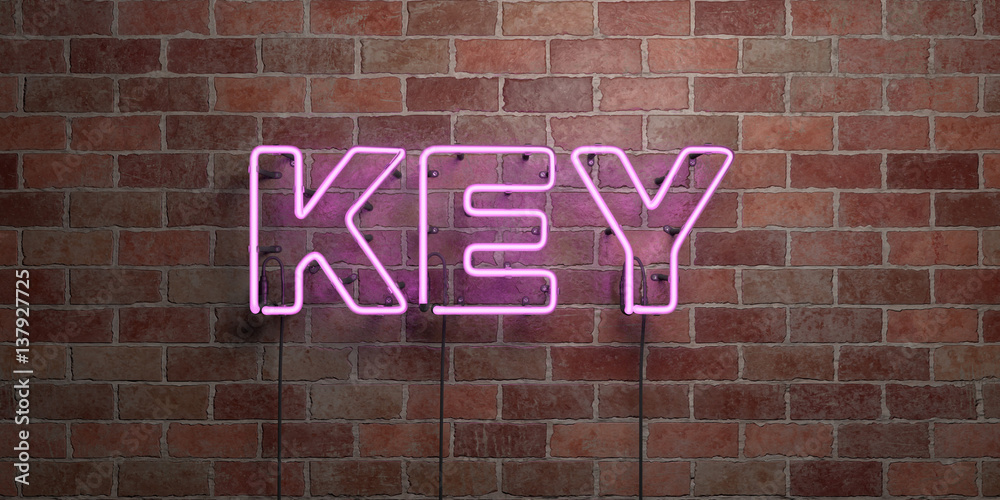 Obraz premium KEY - fluorescent Neon tube Sign on brickwork - Front view - 3D rendered royalty free stock picture. Can be used for online banner ads and direct mailers..
