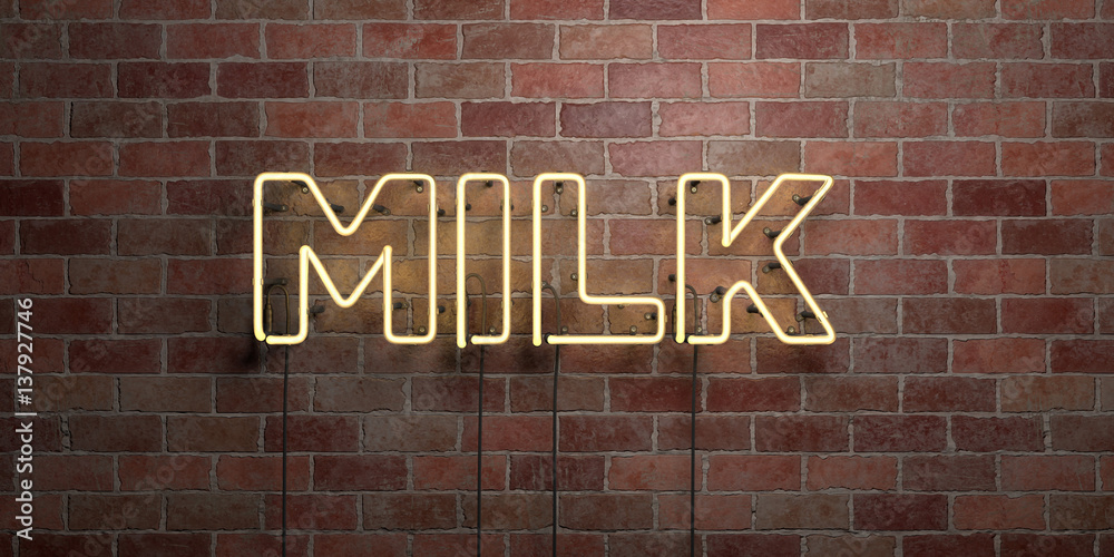 MILK - fluorescent Neon tube Sign on brickwork - Front view - 3D rendered royalty free stock picture. Can be used for online banner ads and direct mailers.. MILK - fluorescent Neon tube Sign on brickwork - Front view - 3D rendered royalty free stock picture. Can be used for online banner ads and direct mailers..