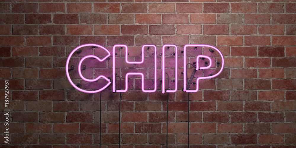 Obraz premium CHIP - fluorescent Neon tube Sign on brickwork - Front view - 3D rendered royalty free stock picture. Can be used for online banner ads and direct mailers..