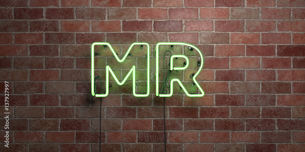 MR - fluorescent Neon tube Sign on brickwork - Front view - 3D rendered royalty free stock picture. Can be used for online banner ads and direct mailers.. MR - fluorescent Neon tube Sign on brickwork - Front view - 3D rendered royalty free stock picture. Can be used for online banner ads and direct mailers..