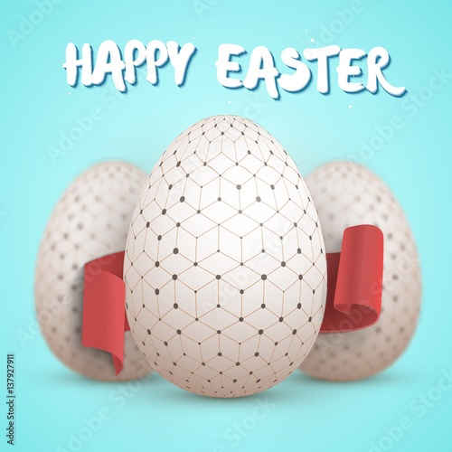Illustration of Vector Easter Egg Set. Happy Easter Painted Vector Egg Set with Ribbon Banner and DOF Photography Effect