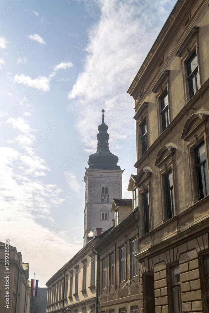 Church tower and buildings in Zagreb
