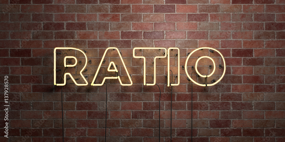 Obraz premium RATIO - fluorescent Neon tube Sign on brickwork - Front view - 3D rendered royalty free stock picture. Can be used for online banner ads and direct mailers..