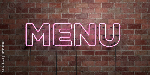 MENU - fluorescent Neon tube Sign on brickwork - Front view - 3D rendered royalty free stock picture. Can be used for online banner ads and direct mailers..