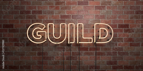 Canvas Print GUILD - fluorescent Neon tube Sign on brickwork - Front view - 3D rendered royalty free stock picture
