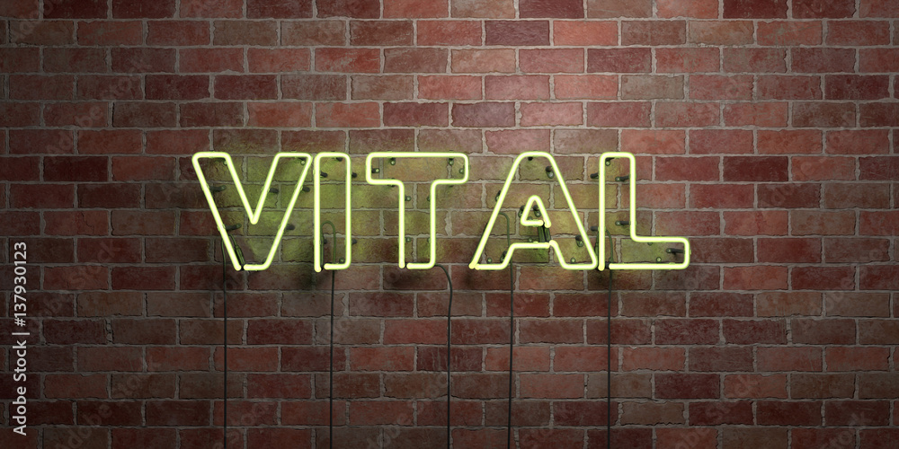 Fototapeta premium VITAL - fluorescent Neon tube Sign on brickwork - Front view - 3D rendered royalty free stock picture. Can be used for online banner ads and direct mailers..