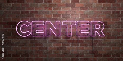 CENTER - fluorescent Neon tube Sign on brickwork - Front view - 3D rendered royalty free stock picture. Can be used for online banner ads and direct mailers..
