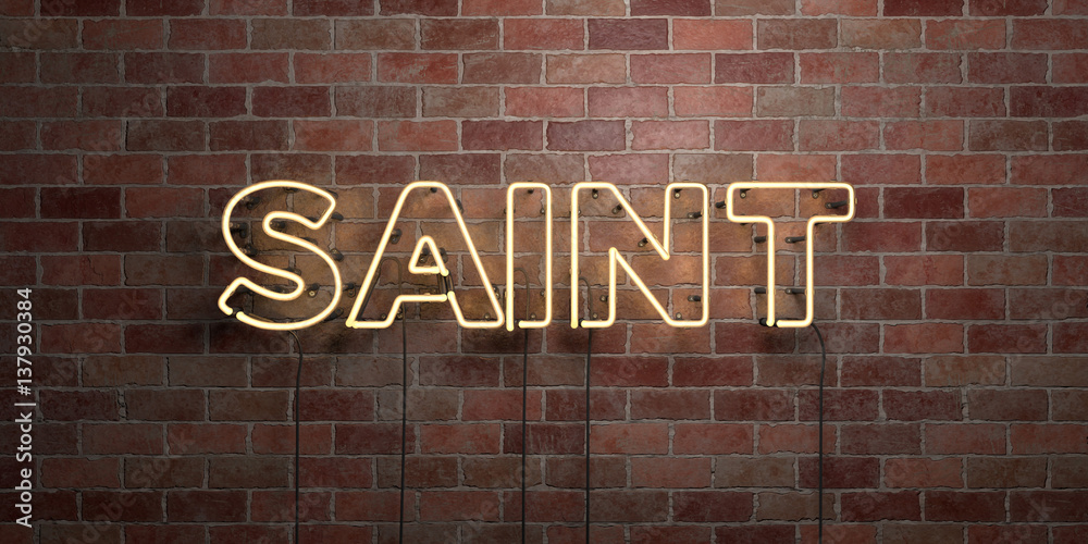 SAINT - fluorescent Neon tube Sign on brickwork - Front view - 3D rendered royalty free stock picture. Can be used for online banner ads and direct mailers.. SAINT - fluorescent Neon tube Sign on brickwork - Front view - 3D rendered royalty free stock picture. Can be used for online banner ads and direct mailers..