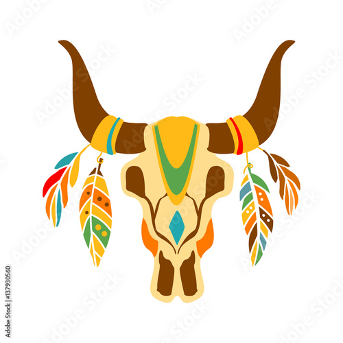 Buffalo Bull Scull Decorated With Painting And Feathers, Native Indian Culture Inspired Boho Ethnic Style Print