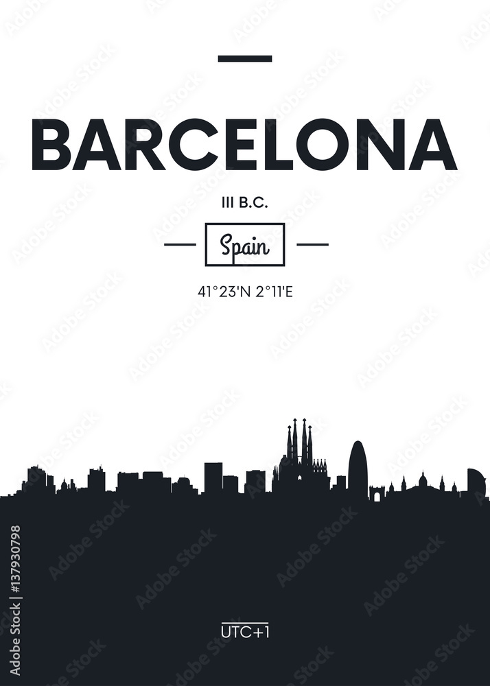 Poster city skyline Barcelona, Flat style vector illustration