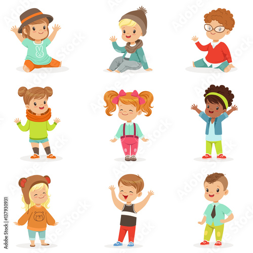 Young Children Dressed In Cute Kids Fashion Clothes  Set Of Illustrations With Kids And Style