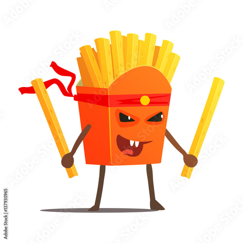 Pack Of Fries With Two Sticks Karate Fighter, Fast Food Bad Guy Cartoon Character Fighting Illustration