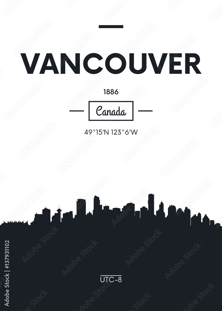 Fototapeta premium Poster city skyline Vancouver, Flat style vector illustration