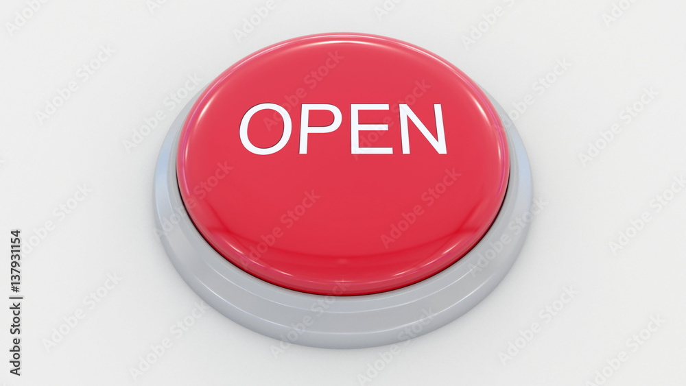 Big red button with open inscription. Conceptual 3D rendering Big red button with open inscription. Conceptual 3D rendering