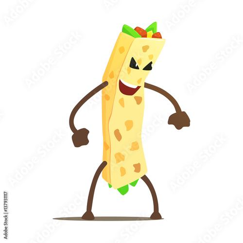 Burrito Wrap Street Fighter, Fast Food Bad Guy Cartoon Character Fighting Illustration