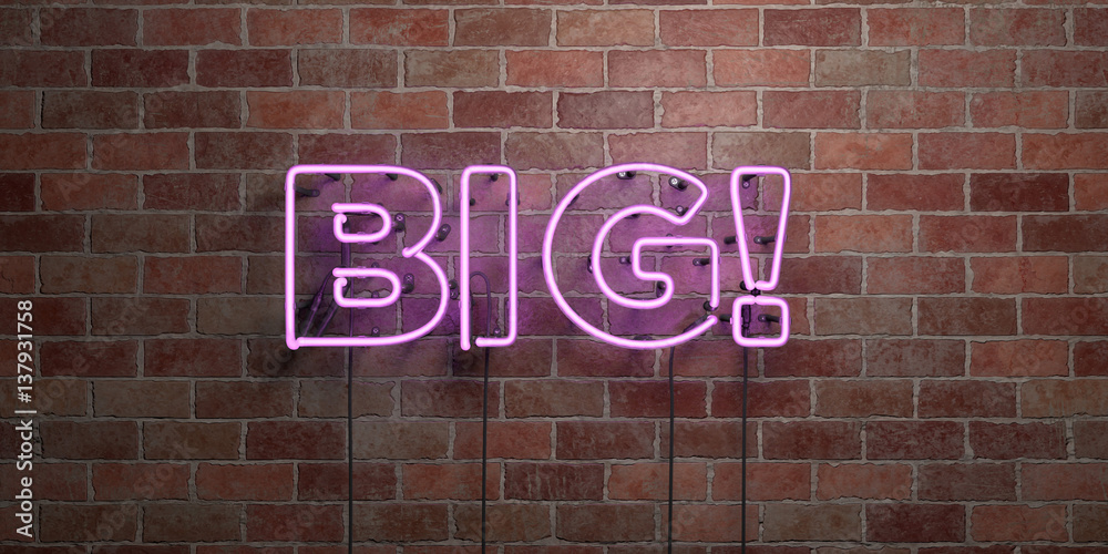 Obraz premium BIG! - fluorescent Neon tube Sign on brickwork - Front view - 3D rendered royalty free stock picture. Can be used for online banner ads and direct mailers..