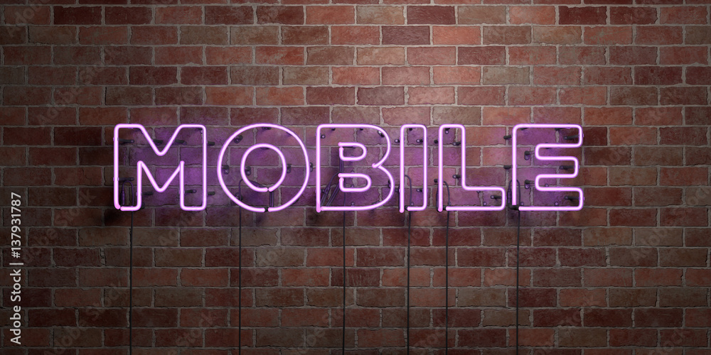 Obraz premium MOBILE - fluorescent Neon tube Sign on brickwork - Front view - 3D rendered royalty free stock picture. Can be used for online banner ads and direct mailers..