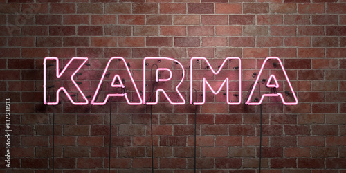 KARMA - fluorescent Neon tube Sign on brickwork - Front view - 3D rendered royalty free stock picture. Can be used for online banner ads and direct mailers..