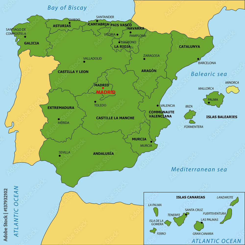 Map of SPAIN with its fifty PROVINCES and CAPITALS. 