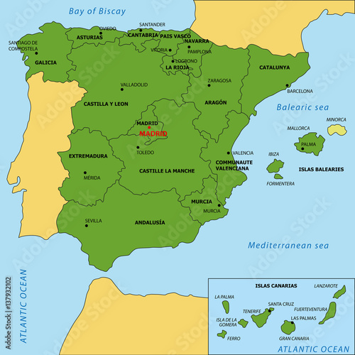 Map of Spain with regions and their capitals
