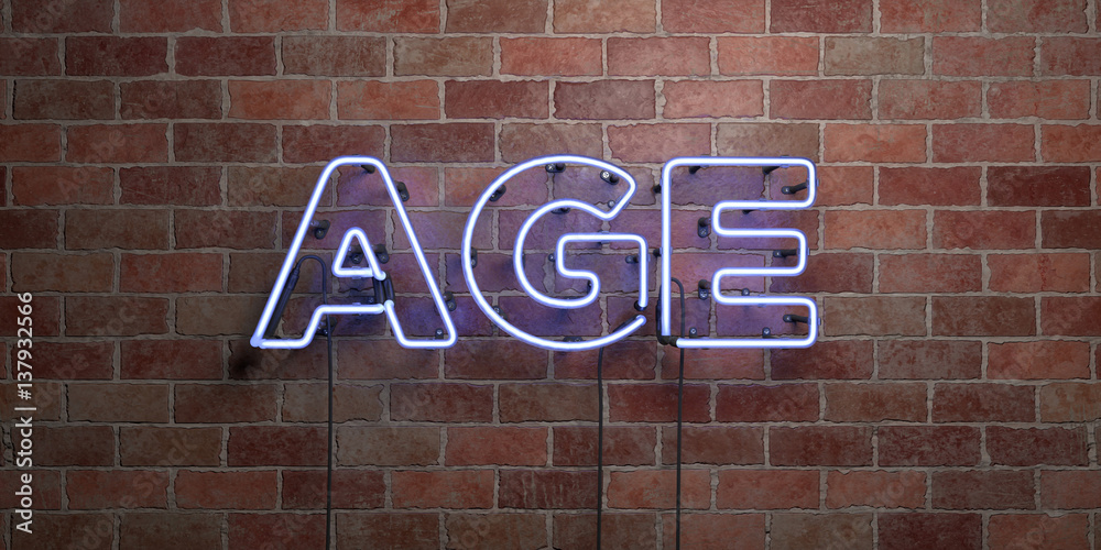 AGE - fluorescent Neon tube Sign on brickwork - Front view - 3D rendered royalty free stock picture. Can be used for online banner ads and direct mailers..