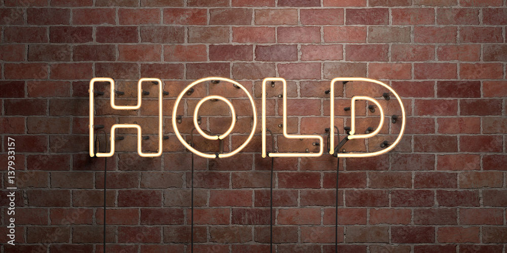 Obraz premium HOLD - fluorescent Neon tube Sign on brickwork - Front view - 3D rendered royalty free stock picture. Can be used for online banner ads and direct mailers..