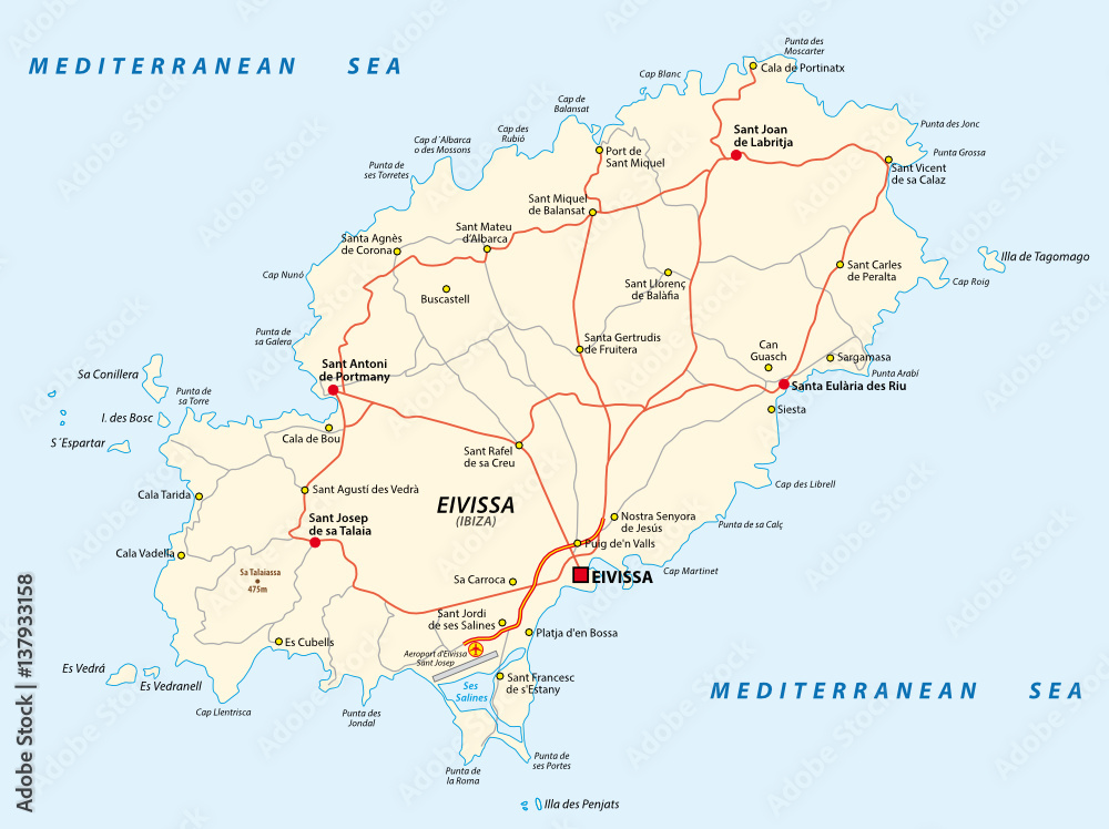 Vector road map of the Spanish Mediterranean Sea Eivissa