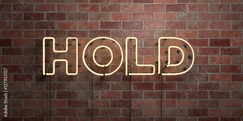 HOLD - fluorescent Neon tube Sign on brickwork - Front view - 3D rendered royalty free stock picture. Can be used for online banner ads and direct mailers..