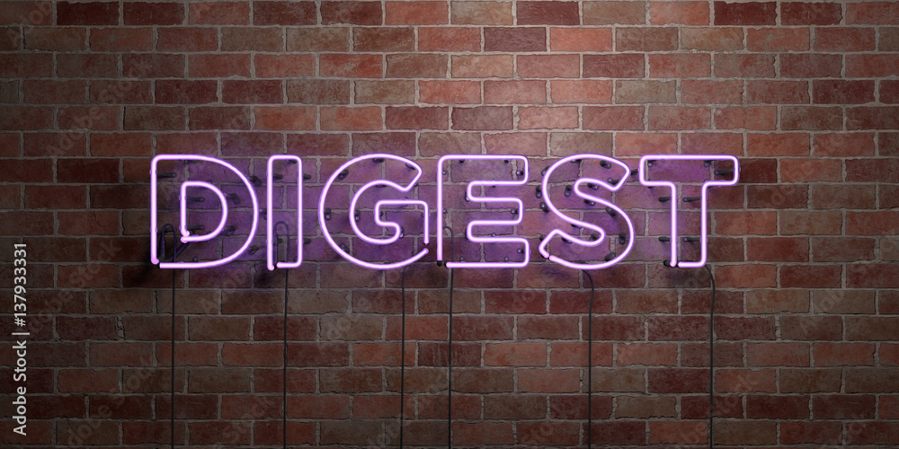 Fototapeta premium DIGEST - fluorescent Neon tube Sign on brickwork - Front view - 3D rendered royalty free stock picture. Can be used for online banner ads and direct mailers..
