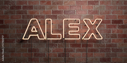 ALEX - fluorescent Neon tube Sign on brickwork - Front view - 3D rendered royalty free stock picture. Can be used for online banner ads and direct mailers.. photo