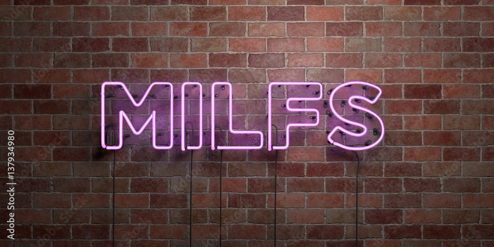 Obraz premium MILFS - fluorescent Neon tube Sign on brickwork - Front view - 3D rendered royalty free stock picture. Can be used for online banner ads and direct mailers..