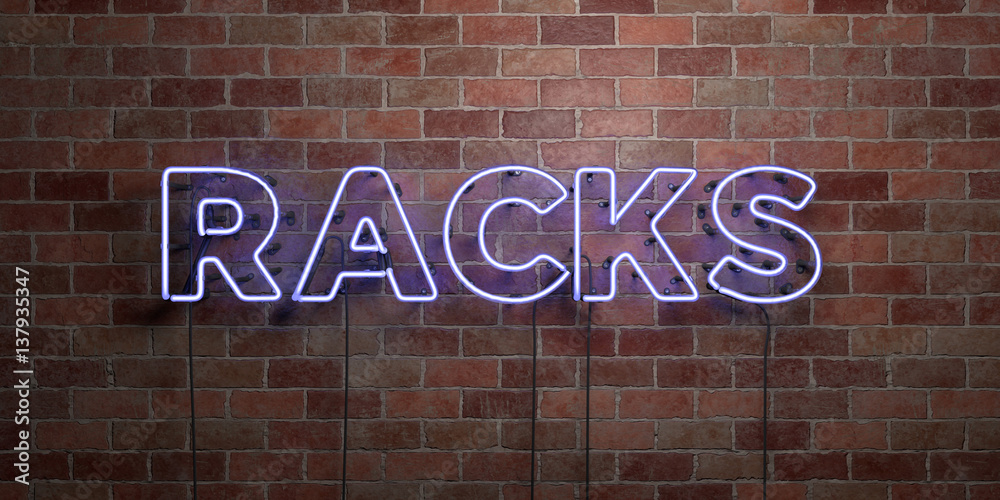 Obraz premium RACKS - fluorescent Neon tube Sign on brickwork - Front view - 3D rendered royalty free stock picture. Can be used for online banner ads and direct mailers..