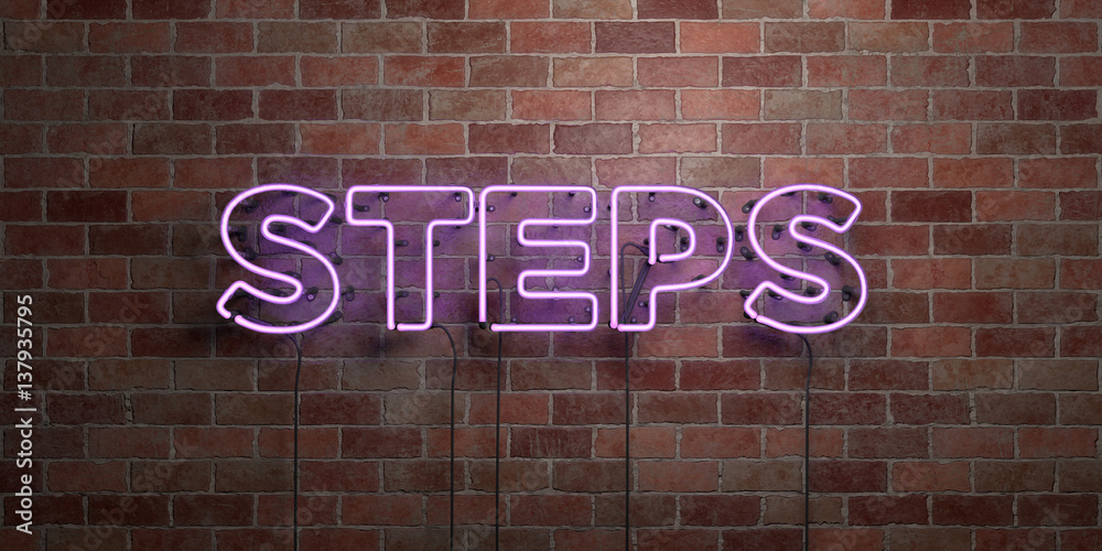 Obraz premium STEPS - fluorescent Neon tube Sign on brickwork - Front view - 3D rendered royalty free stock picture. Can be used for online banner ads and direct mailers..
