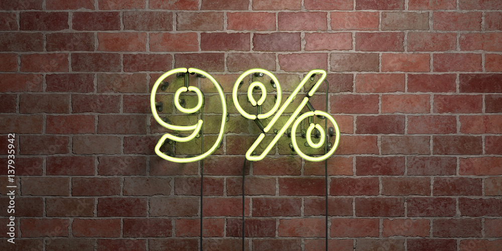Obraz premium 9% - fluorescent Neon tube Sign on brickwork - Front view - 3D rendered royalty free stock picture. Can be used for online banner ads and direct mailers..