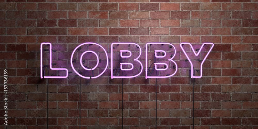 Obraz premium LOBBY - fluorescent Neon tube Sign on brickwork - Front view - 3D rendered royalty free stock picture. Can be used for online banner ads and direct mailers..