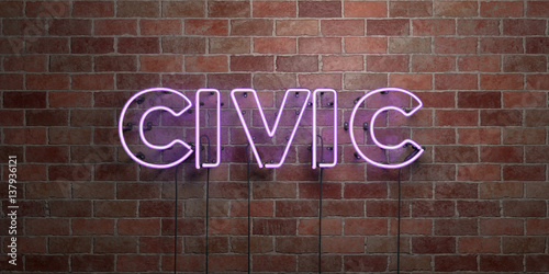 CIVIC - fluorescent Neon tube Sign on brickwork - Front view - 3D rendered royalty free stock picture. Can be used for online banner ads and direct mailers..