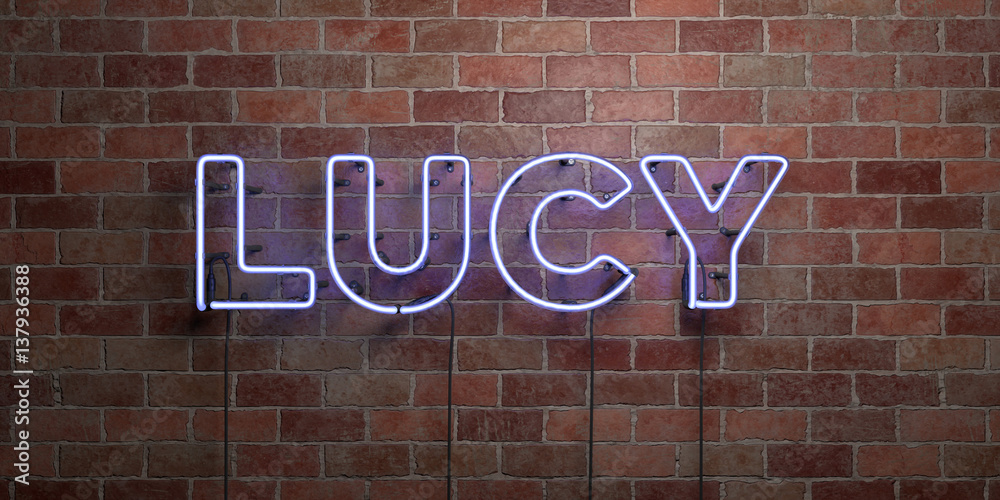 Obraz premium LUCY - fluorescent Neon tube Sign on brickwork - Front view - 3D rendered royalty free stock picture. Can be used for online banner ads and direct mailers..