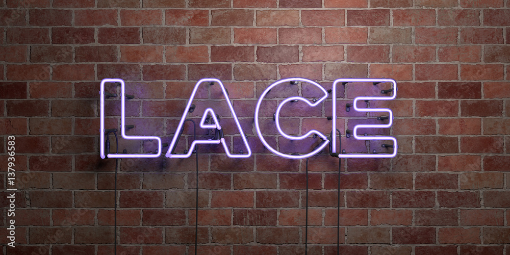 LACE - fluorescent Neon tube Sign on brickwork - Front view - 3D rendered royalty free stock picture. Can be used for online banner ads and direct mailers.. LACE - fluorescent Neon tube Sign on brickwork - Front view - 3D rendered royalty free stock picture. Can be used for online banner ads and direct mailers..