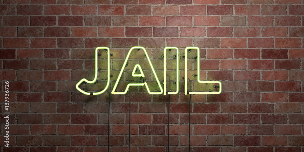 Obraz premium JAIL - fluorescent Neon tube Sign on brickwork - Front view - 3D rendered royalty free stock picture. Can be used for online banner ads and direct mailers..