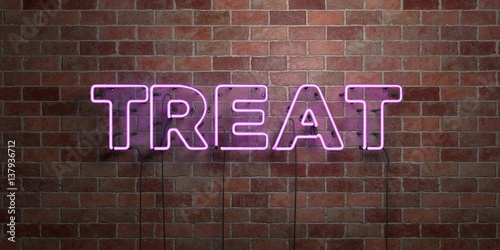 TREAT - fluorescent Neon tube Sign on brickwork - Front view - 3D rendered royalty free stock picture. Can be used for online banner ads and direct mailers..