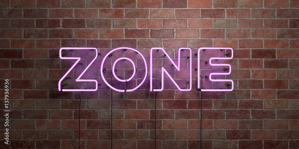 ZONE - fluorescent Neon tube Sign on brickwork - Front view - 3D rendered royalty free stock picture. Can be used for online banner ads and direct mailers.. ZONE - fluorescent Neon tube Sign on brickwork - Front view - 3D rendered royalty free stock picture. Can be used for online banner ads and direct mailers..