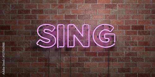 SING - fluorescent Neon tube Sign on brickwork - Front view - 3D rendered royalty free stock picture. Can be used for online banner ads and direct mailers..