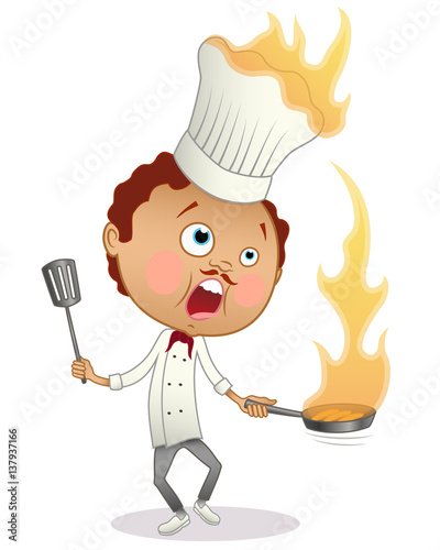 Cartoon chef cooking a flambe with his hat in flames