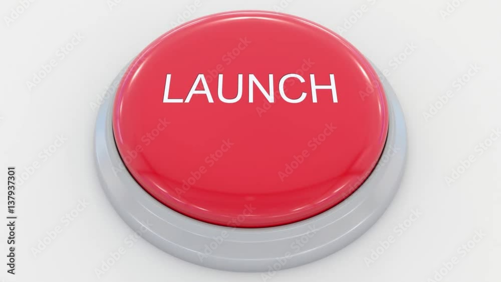 Pushing big red button with launch inscription. Conceptual 4K clip