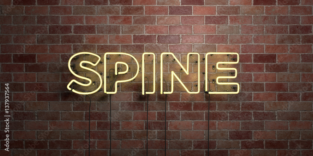 Obraz premium SPINE - fluorescent Neon tube Sign on brickwork - Front view - 3D rendered royalty free stock picture. Can be used for online banner ads and direct mailers..