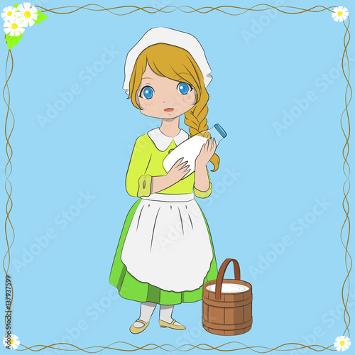 a milkmaid holding a bottle of milk with a wooden pail full of milk illustration.
