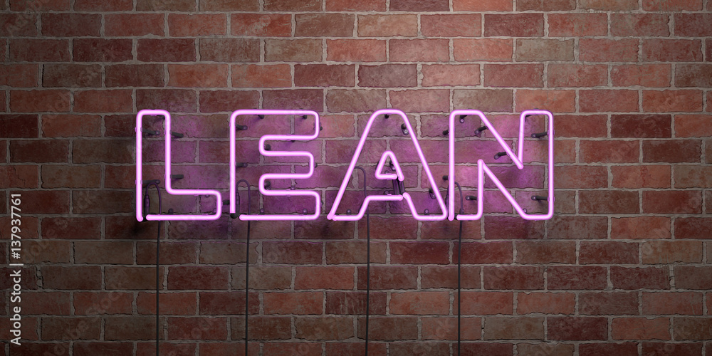 LEAN - fluorescent Neon tube Sign on brickwork - Front view - 3D rendered royalty free stock picture. Can be used for online banner ads and direct mailers.. LEAN - fluorescent Neon tube Sign on brickwork - Front view - 3D rendered royalty free stock picture. Can be used for online banner ads and direct mailers..