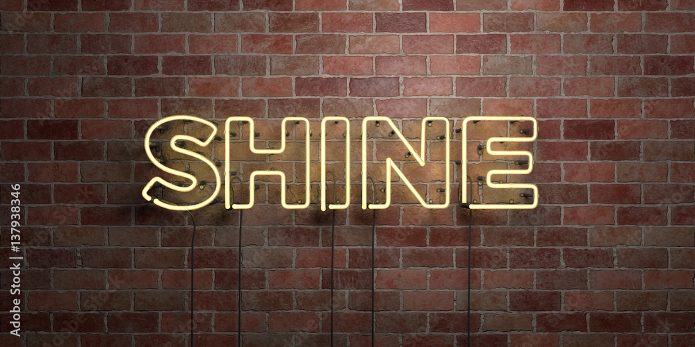 SHINE - fluorescent Neon tube Sign on brickwork - Front view - 3D rendered royalty free stock picture. Can be used for online banner ads and direct mailers.. - obrazy, fototapety, plakaty 