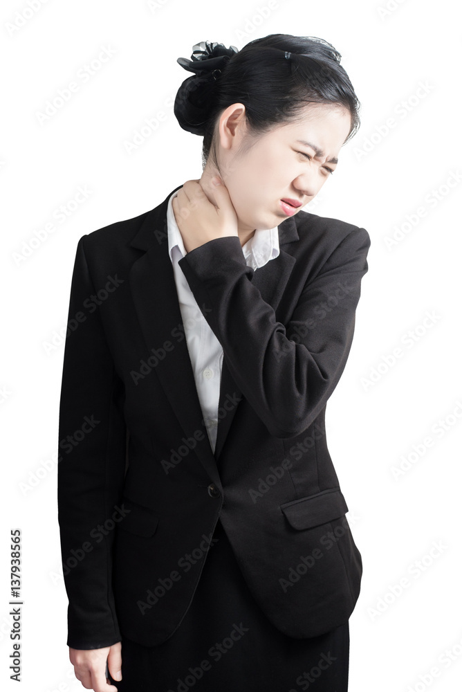 Acute pain and sore throat symptom in a businesswoman isolated on white background. Clipping path on white background. Acute pain and sore throat symptom in a businesswoman isolated on white background. Clipping path on white background.