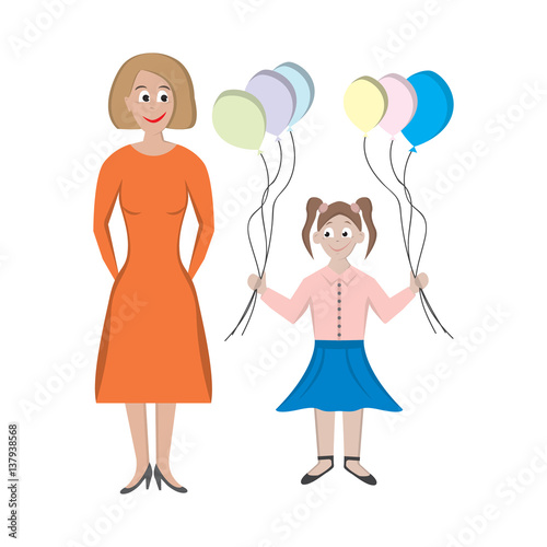 Vector image of a happy family, mom and daughter.